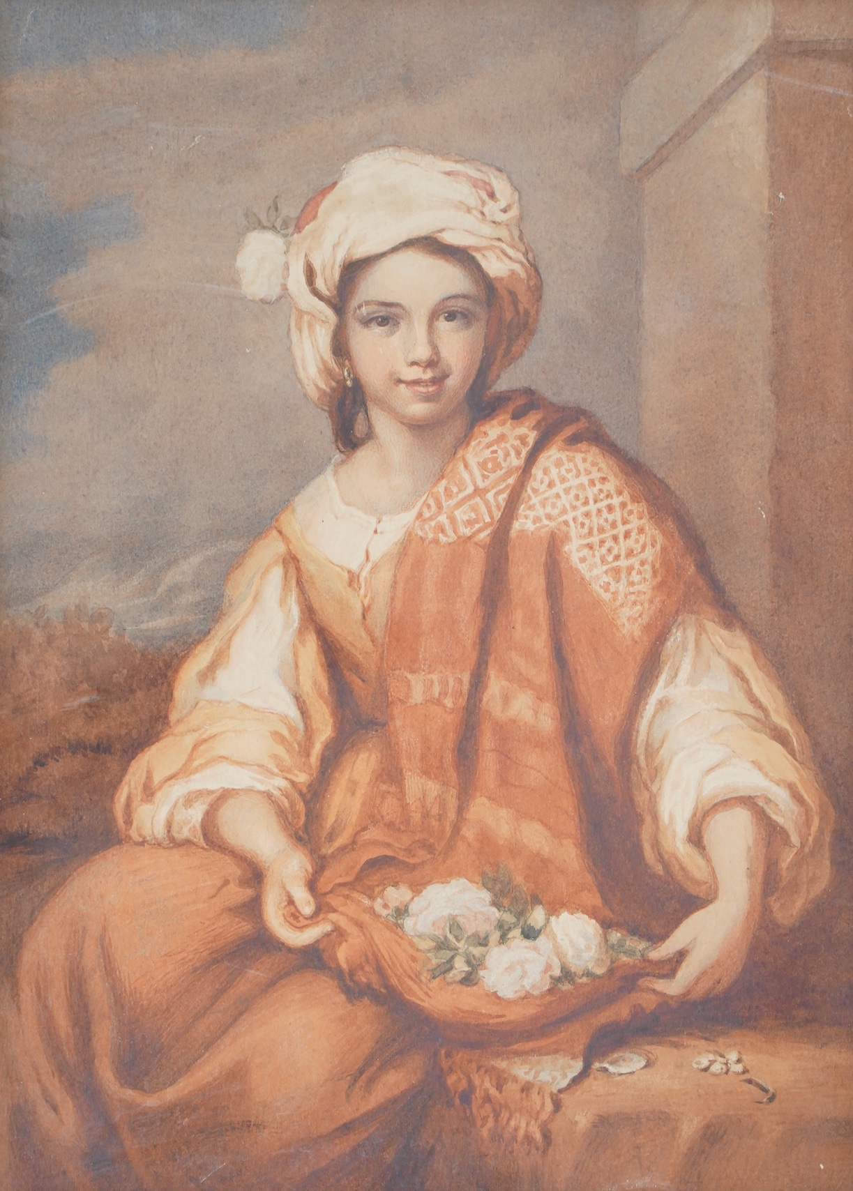 After Bartoleme Esteban Murillo (Spanish, 1618-1682), watercolour, Portrait of a girl with flowers, 34 x 24cm. Condition - fair, some staining and discolouration